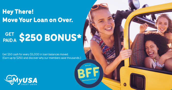 Hey There! Move your loan on over and get paid a $250 bonus. Earn $50 for every $5,000 financed (up to $250).