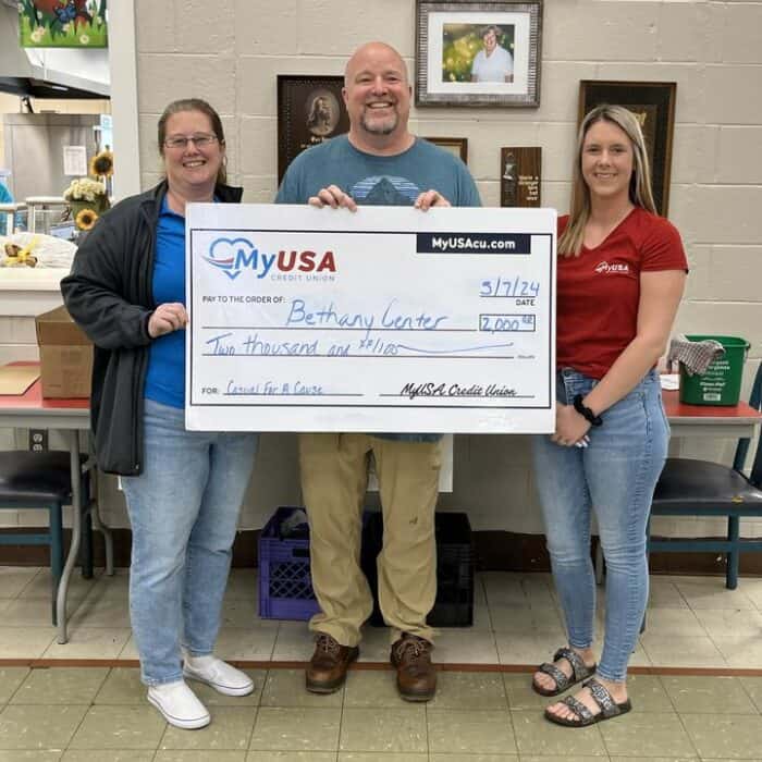 MyUSA Credit Union presenting donation check to Bethany Center in Southwest Ohio.