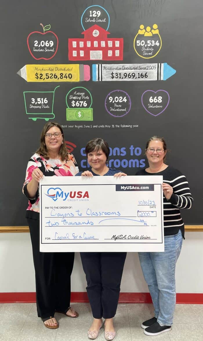 MyUSA Credit Union presenting donation check to Crayons to Classrooms in Southwest Ohio.