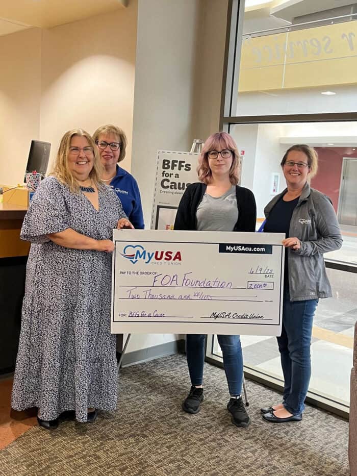 MyUSA Credit Union presenting donation check to the FOA Foundation in Southwest Ohio.
