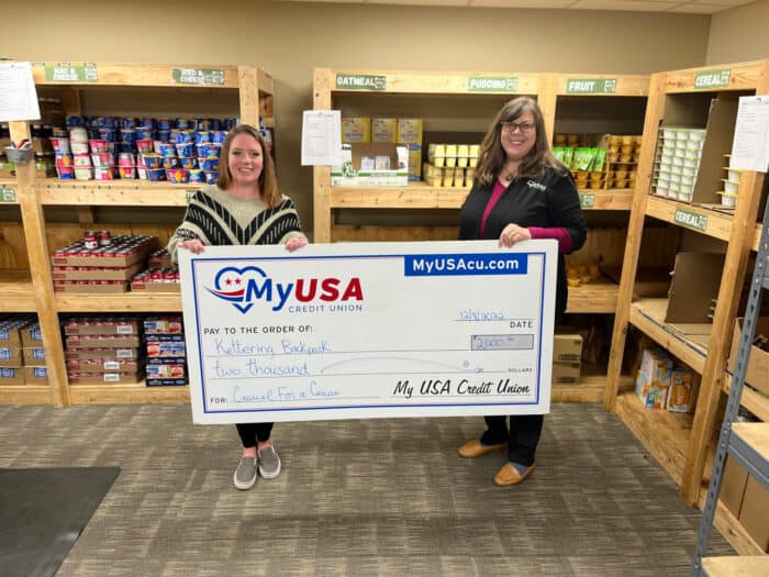 MyUSA Credit Union presenting donation check to Kettering Backpack Program in Southwest Ohio.