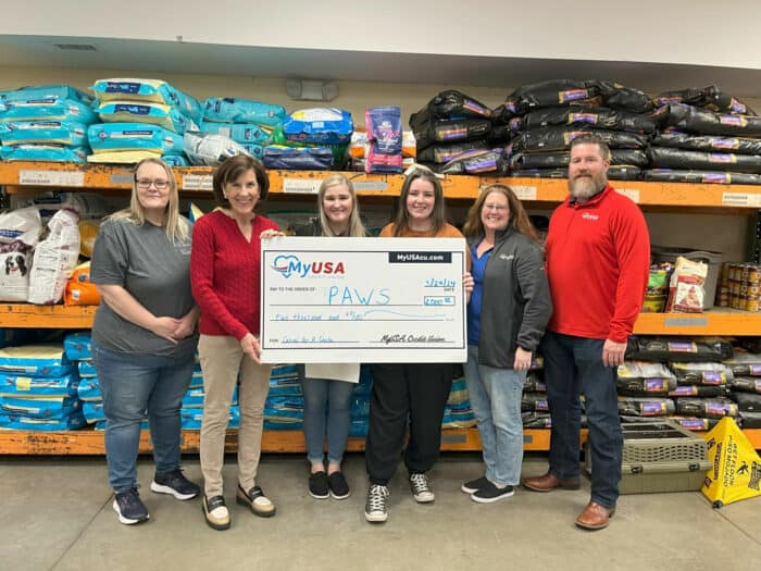 MyUSA Credit Union presenting donation check to Paws Adoption Center in Southwest Ohio.