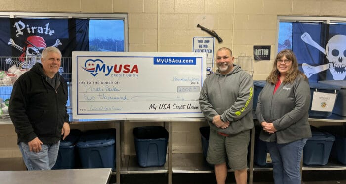 MyUSA Credit Union presenting donation check to Pirate Pack in Southwest Ohio.
