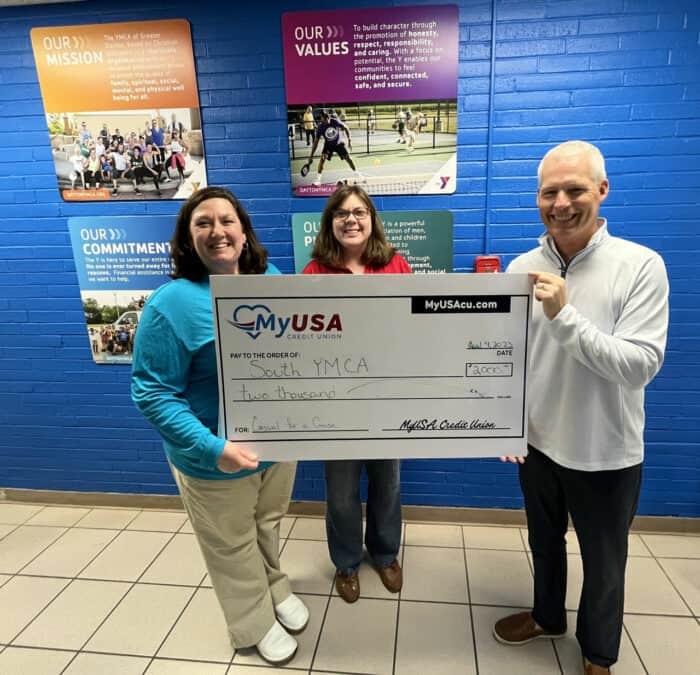 MyUSA Credit Union presenting donation check to South YMCA in Southwest Ohio.