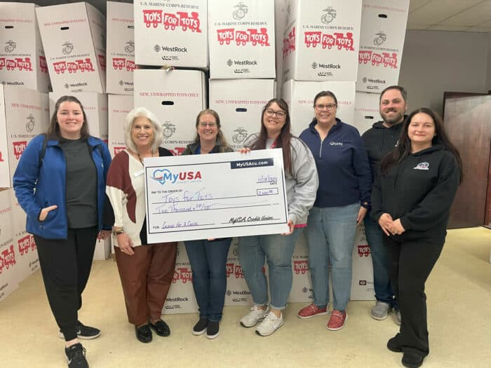 MyUSA Credit Union presenting donation check to Toys for Tots in Southwest Ohio.