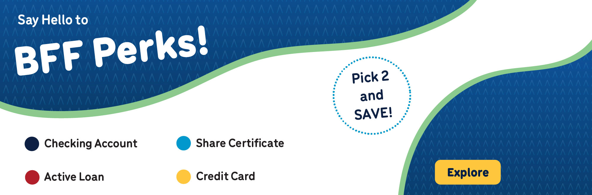Checking Account, Share Certificate, Active Loan, Credit Card. Pick 2 and save with BFF Perks.